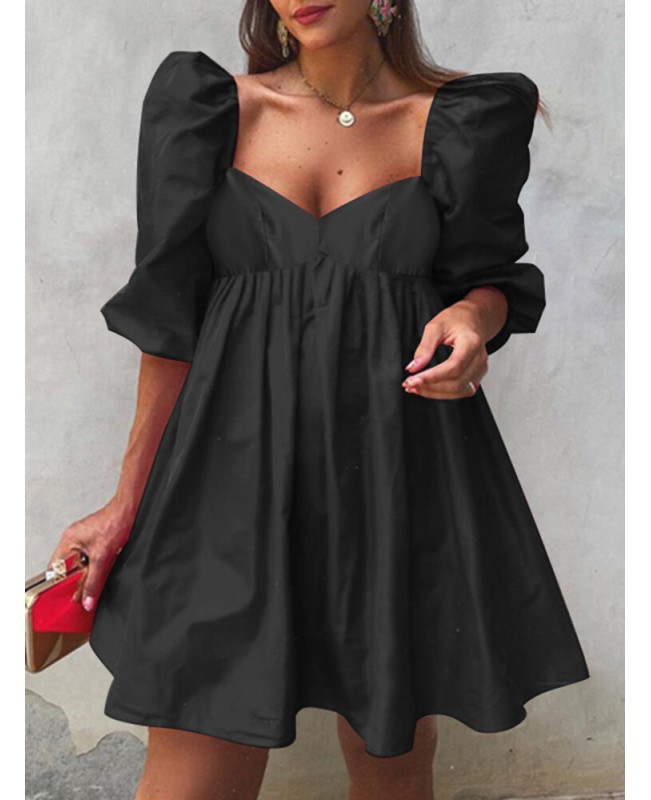 Puff Sleeve Casual Solid Pleating Summer Holiday Dress For Women - Black S