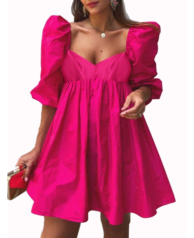 Puff Sleeve Casual Solid Pleating Summer Holiday Dress For Women - Black S