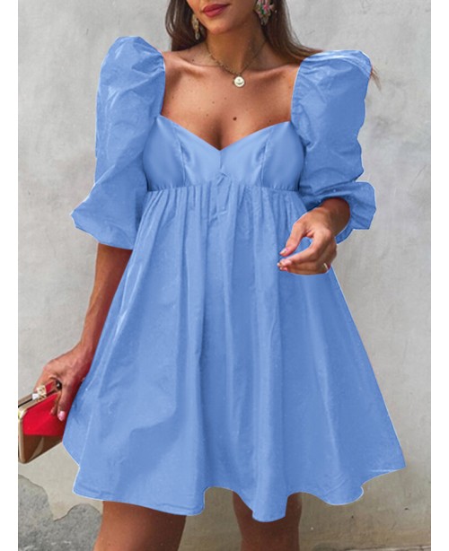 Puff Sleeve Casual Solid Pleating Summer Holiday D...