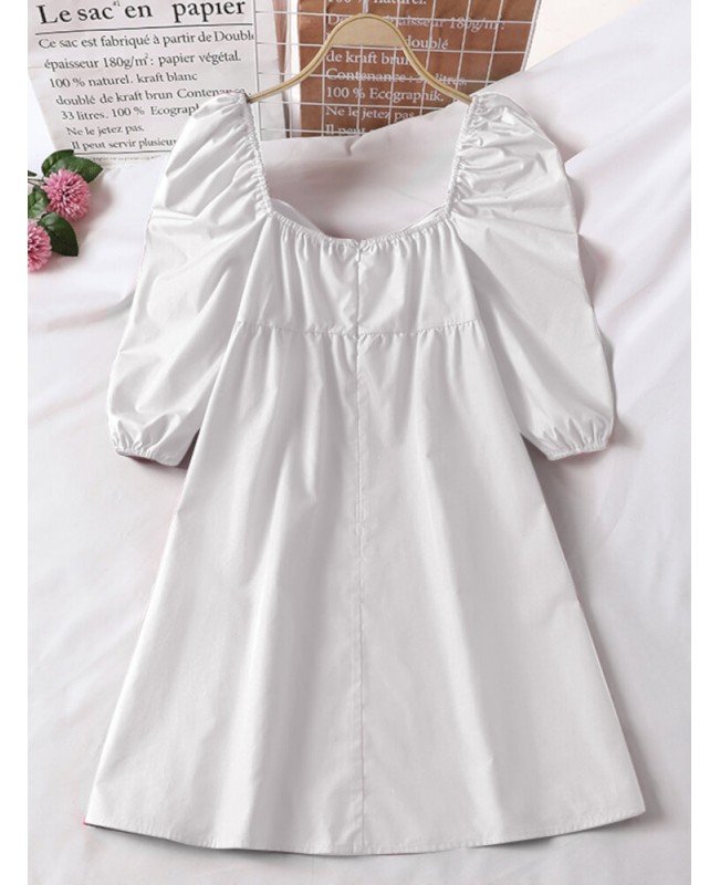 Puff Sleeve Casual Solid Pleating Summer Holiday Dress For Women - Black S