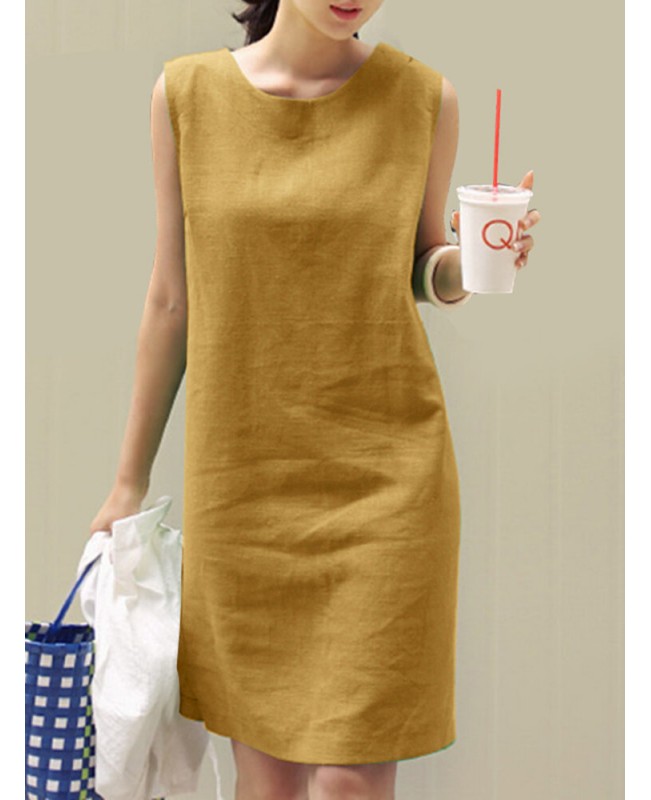 Solid Slit Hem Sleeveless Crew Neck Dress For Women - Green S