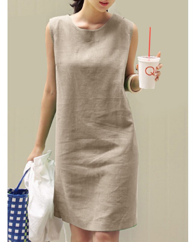 Solid Slit Hem Sleeveless Crew Neck Dress For Women - Green S