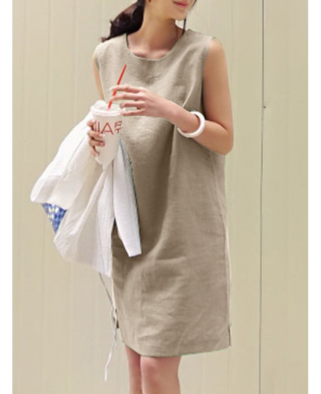 Solid Slit Hem Sleeveless Crew Neck Dress For Women - Green S
