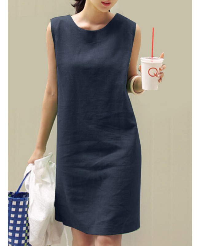 Solid Slit Hem Sleeveless Crew Neck Dress For Women - Green S