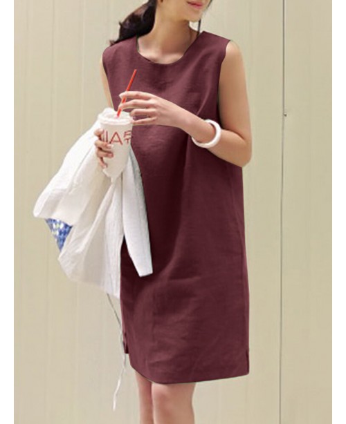 Solid Slit Hem Sleeveless Crew Neck Dress For Wome...