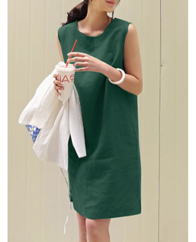 Solid Slit Hem Sleeveless Crew Neck Dress For Women - Green S