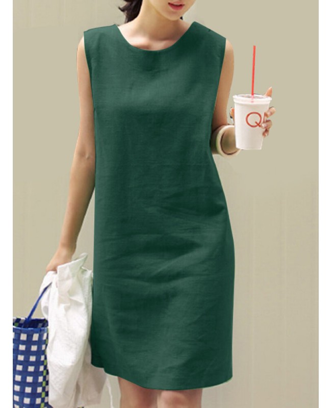 Solid Slit Hem Sleeveless Crew Neck Dress For Women - Green S