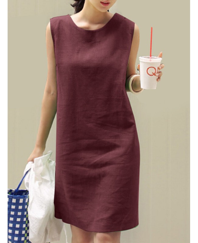 Solid Slit Hem Sleeveless Crew Neck Dress For Women - Green S