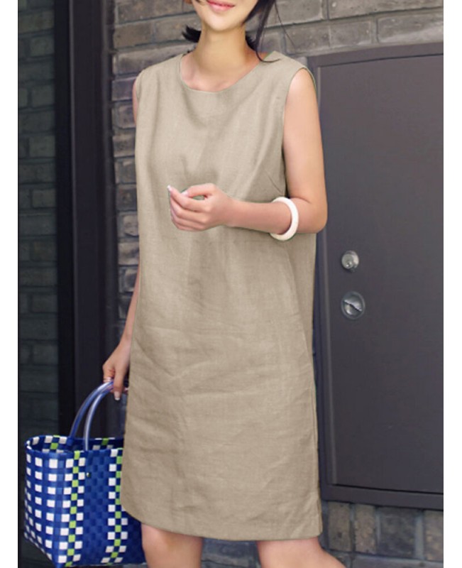 Solid Slit Hem Sleeveless Crew Neck Dress For Women - Green S