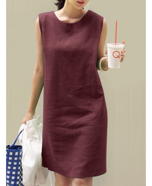 Solid Slit Hem Sleeveless Crew Neck Dress For Wome...