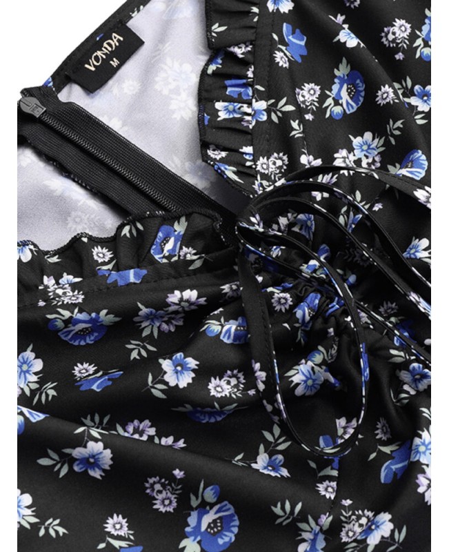 Puff Sleeve Floral Sweet Leisure Summer Holiday Dress For Women - Black S