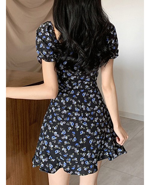 Puff Sleeve Floral Sweet Leisure Summer Holiday Dr...