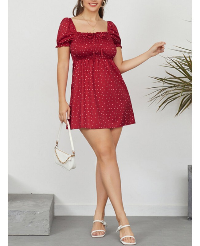 Puff Sleeve Floral Leisure Summer Holiday Dress For Women - Red L
