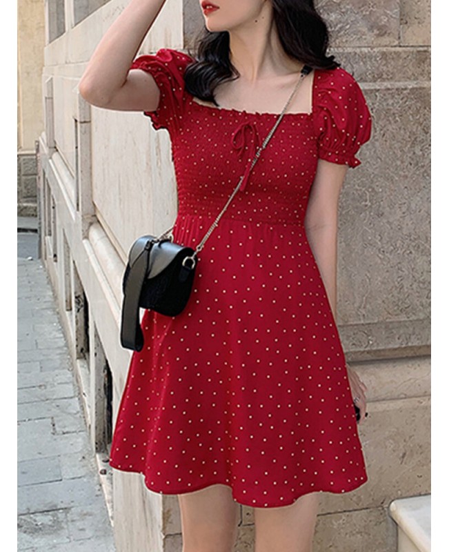 Puff Sleeve Floral Leisure Summer Holiday Dress For Women - Red L