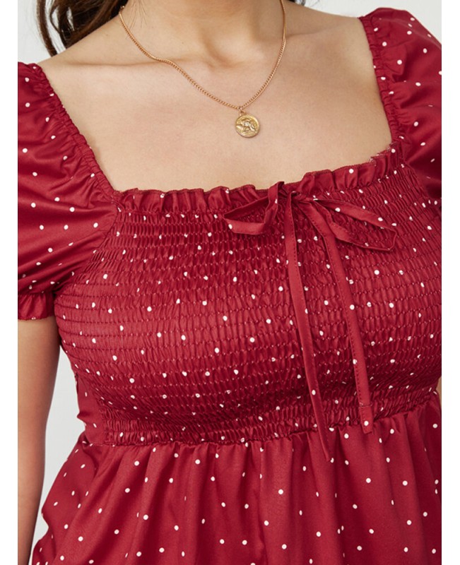 Puff Sleeve Floral Leisure Summer Holiday Dress For Women - Red L