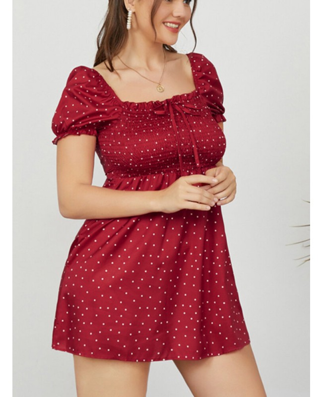 Puff Sleeve Floral Leisure Summer Holiday Dress For Women - Red L