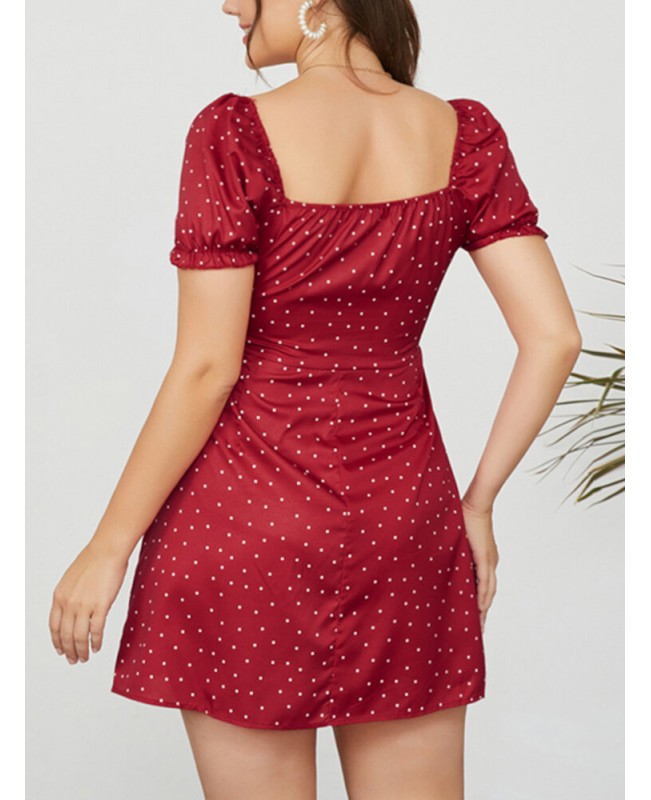 Puff Sleeve Floral Leisure Summer Holiday Dress For Women - Red L