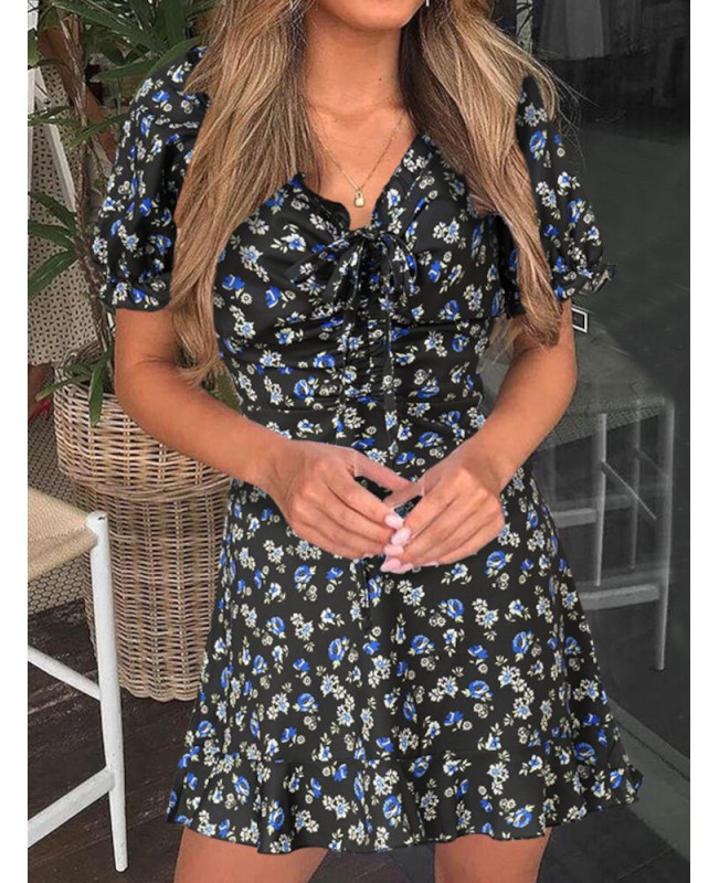 Puff Sleeve Floral Sweet Leisure Summer Holiday Dress For Women - Black S