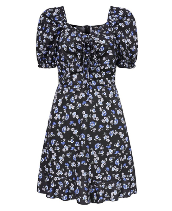 Puff Sleeve Floral Sweet Leisure Summer Holiday Dress For Women - Black S