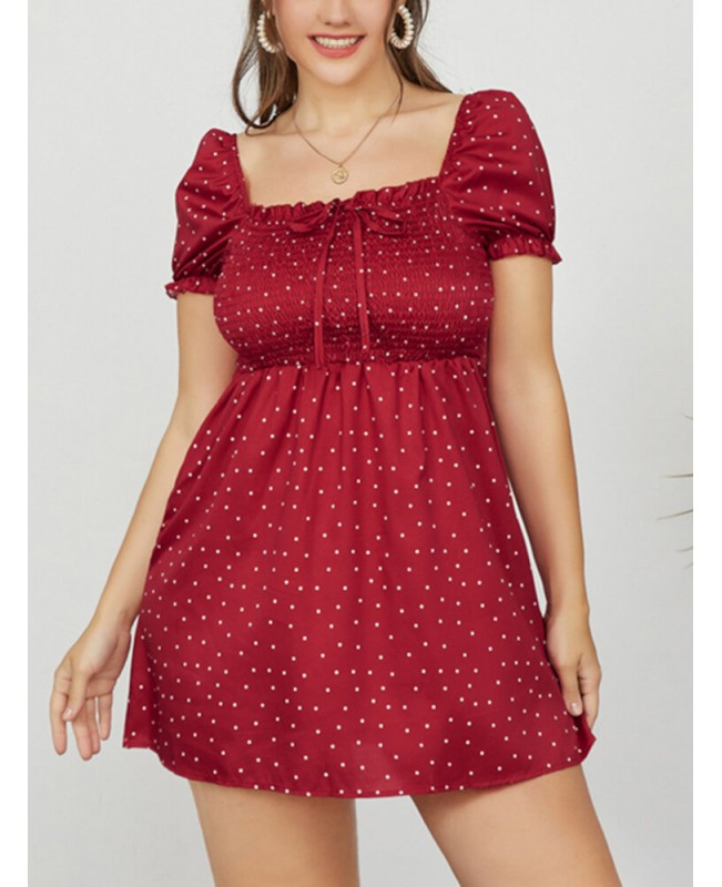 Puff Sleeve Floral Leisure Summer Holiday Dress For Women - Red L