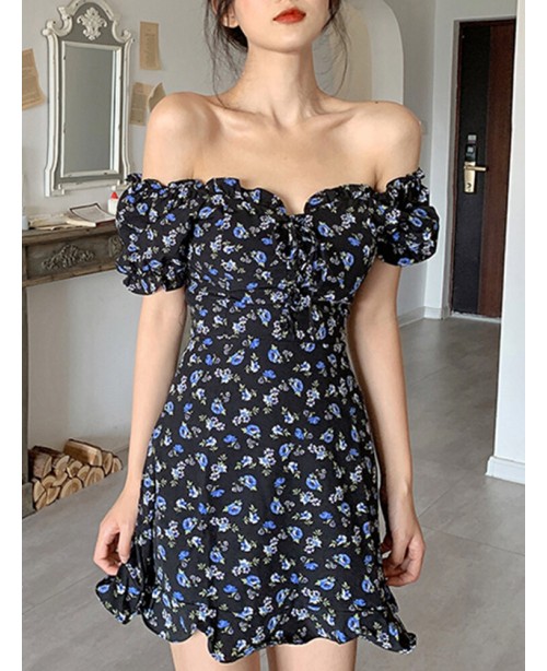 Puff Sleeve Floral Sweet Leisure Summer Holiday Dr...