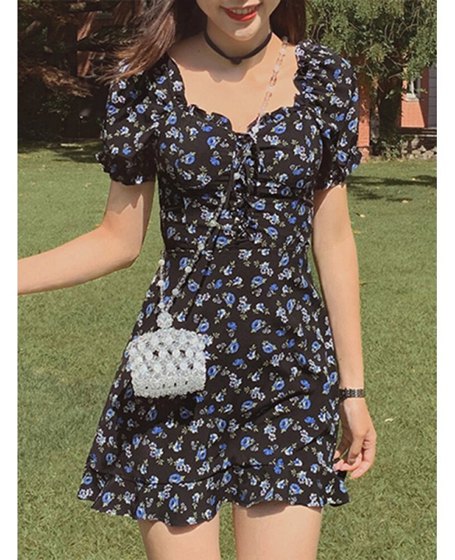 Puff Sleeve Floral Sweet Leisure Summer Holiday Dress For Women - Black S