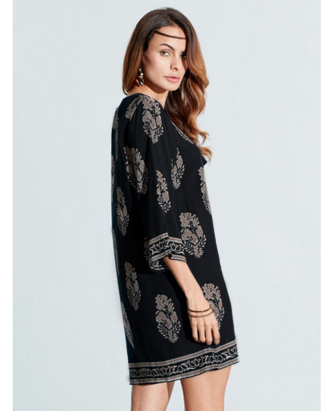 Women Vintage Floral Printed 3/4 Sleeve Mini Dresses - Black S
