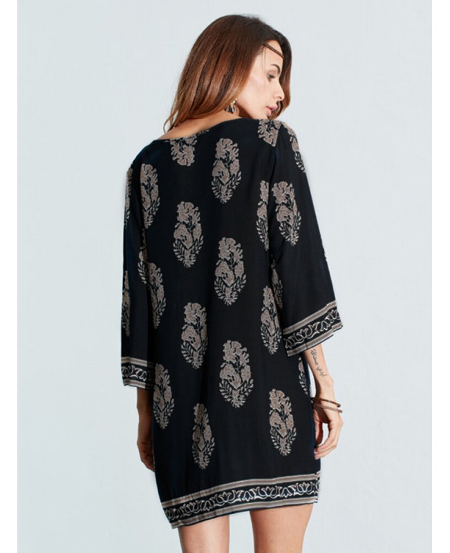 Women Vintage Floral Printed 3/4 Sleeve Mini Dresses - Black S