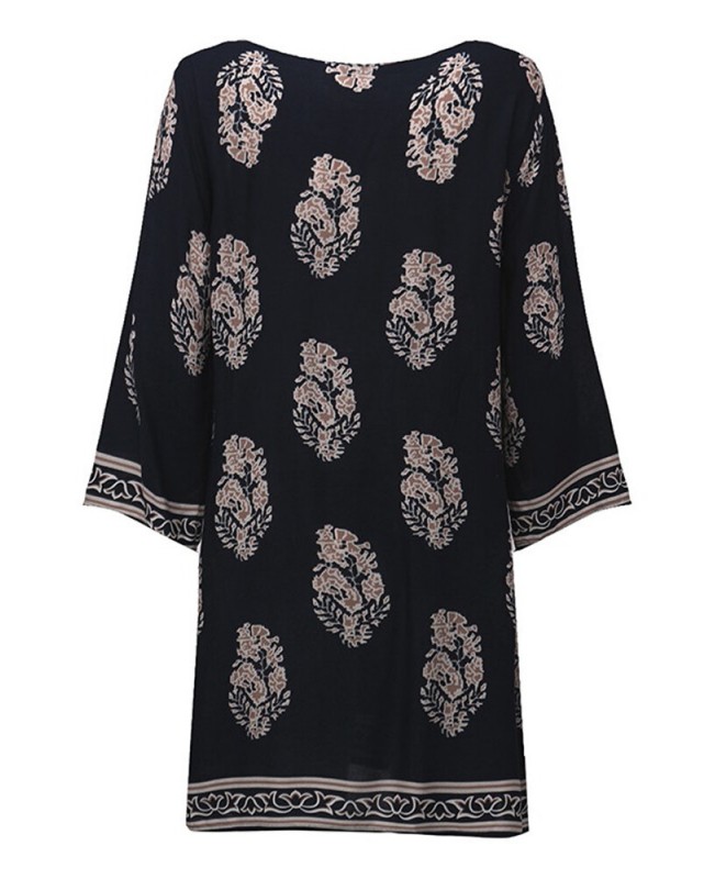 Women Vintage Floral Printed 3/4 Sleeve Mini Dresses - Black S