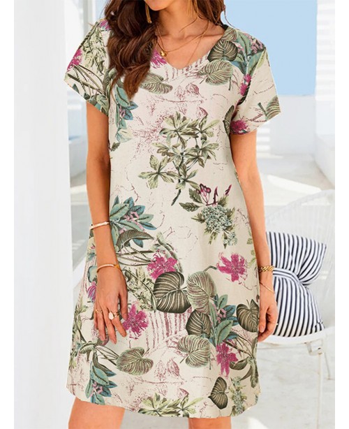 Women Plants Print Pocket V-neck Short Sleeve Dres...