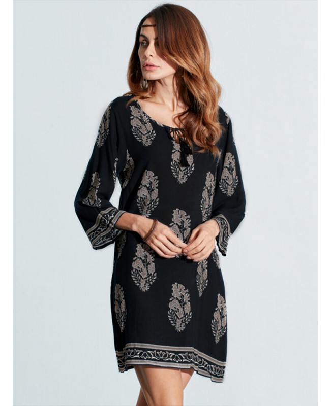 Women Vintage Floral Printed 3/4 Sleeve Mini Dresses - Black S