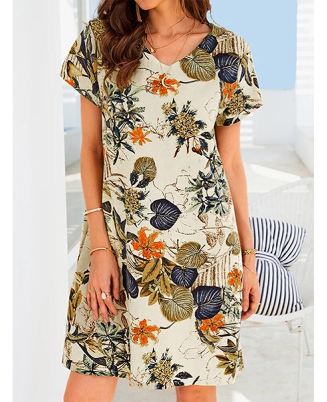 Women Plants Print Pocket V-neck Short Sleeve Dress - Apricot S