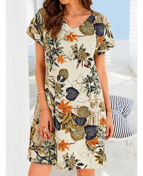 Women Plants Print Pocket V-neck Short Sleeve Dres...