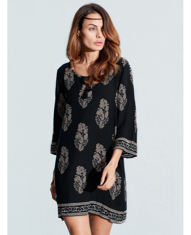 Women Vintage Floral Printed 3/4 Sleeve Mini Dresses - Black S