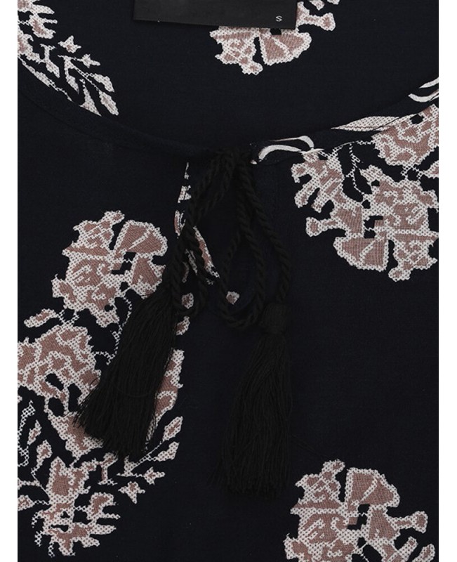 Women Vintage Floral Printed 3/4 Sleeve Mini Dresses - Black S