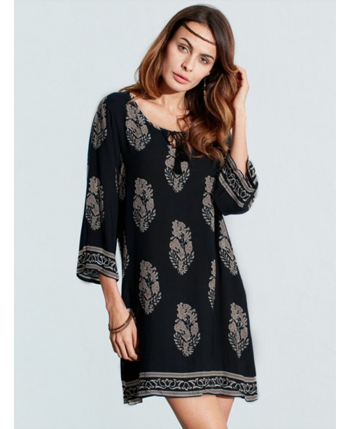 Women Vintage Floral Printed 3/4 Sleeve Mini Dress...
