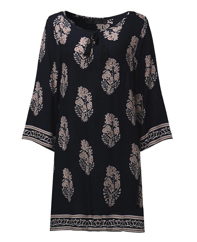 Women Vintage Floral Printed 3/4 Sleeve Mini Dresses - Black S