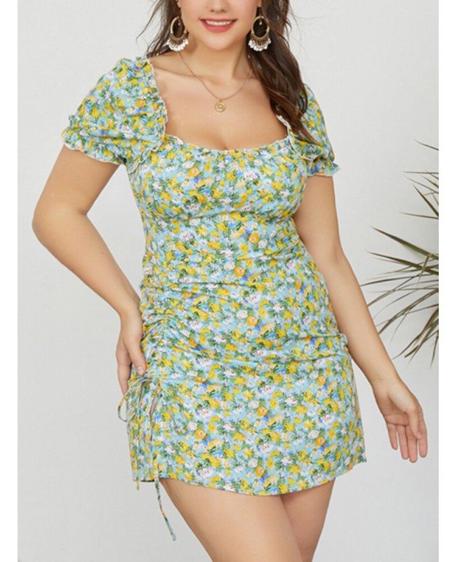 Puff Sleeve Floral Leisure Summer Holiday Casual Dress For Women - Green S