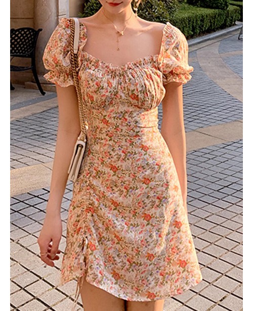 Puff Sleeve Floral Leisure Summer Holiday Casual D...