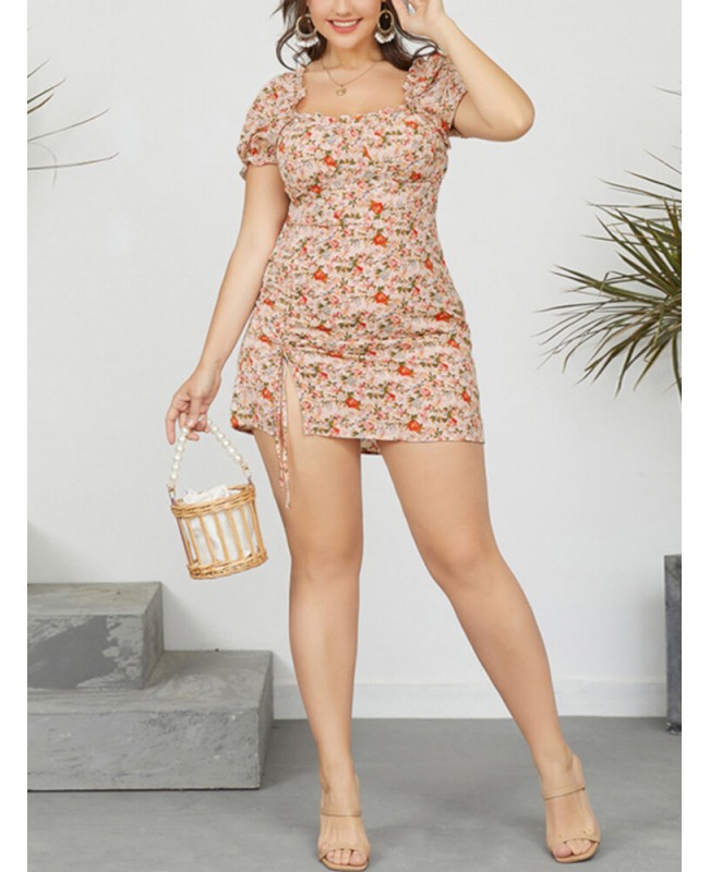 Puff Sleeve Floral Leisure Summer Holiday Casual Dress For Women - Green S