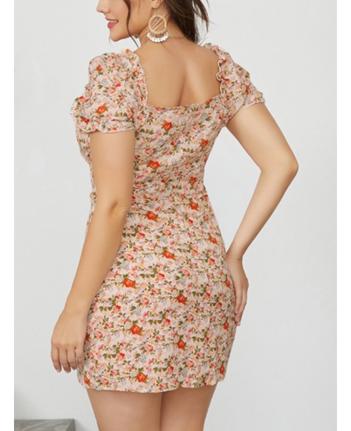 Puff Sleeve Floral Leisure Summer Holiday Casual D...