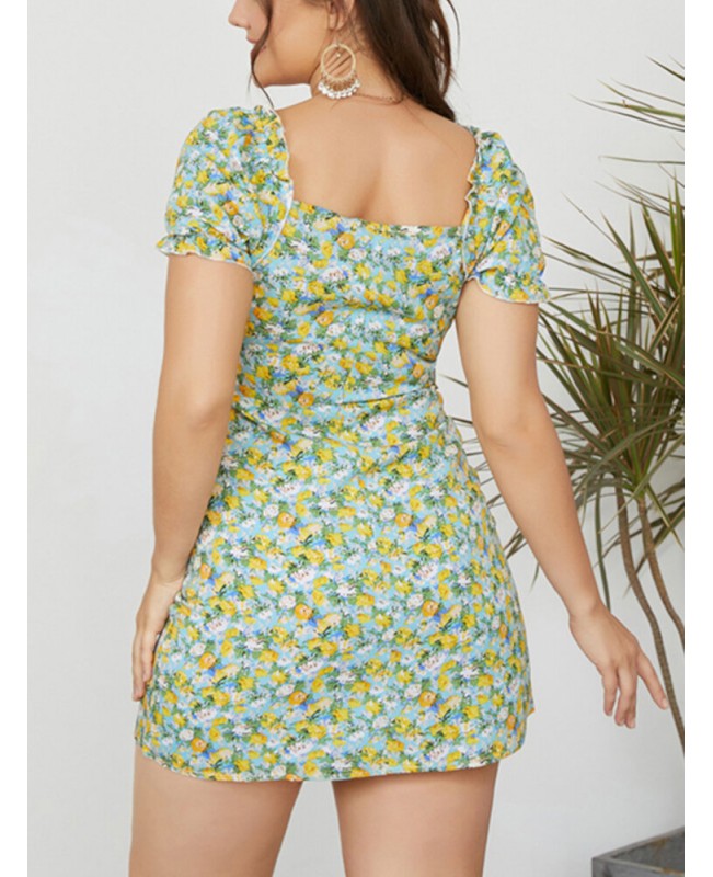 Puff Sleeve Floral Leisure Summer Holiday Casual Dress For Women - Green S