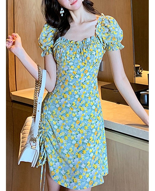 Puff Sleeve Floral Leisure Summer Holiday Casual Dress For Women - Green S