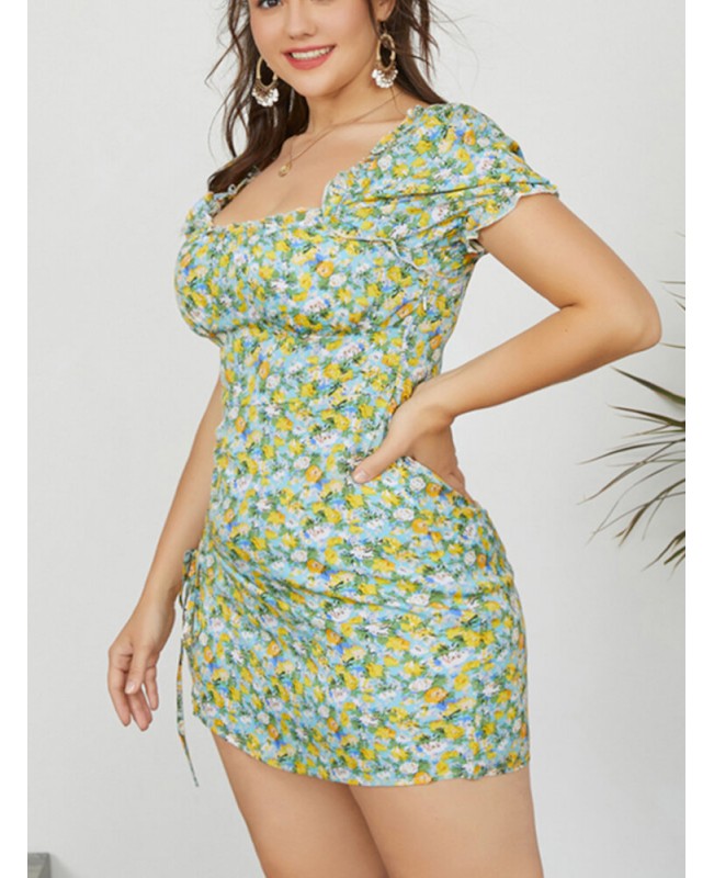 Puff Sleeve Floral Leisure Summer Holiday Casual Dress For Women - Green S