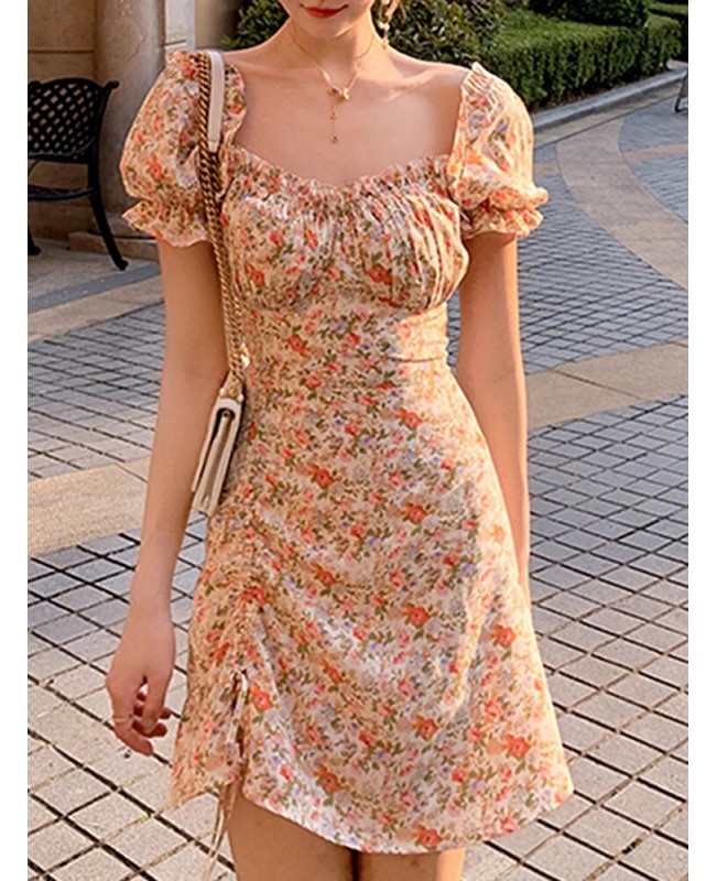 Puff Sleeve Floral Leisure Summer Holiday Casual Dress For Women - Green S