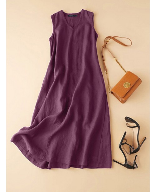 Cotton Solid Sleeveless V Neck Casual Maxi Dress -...