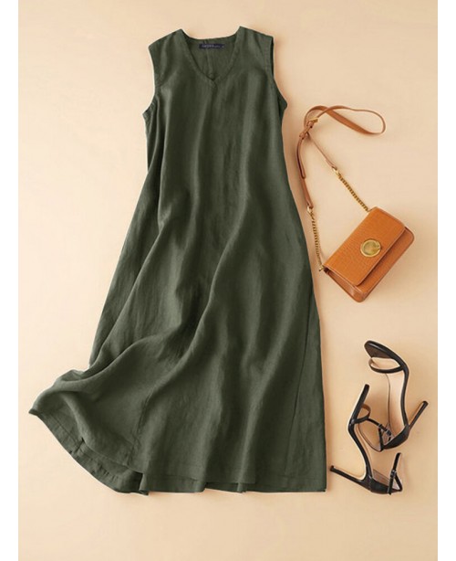 Cotton Solid Sleeveless V Neck Casual Maxi Dress -...