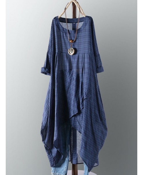 Plus Womens Plaid Casual Asymmetrical Shirt Irregu...
