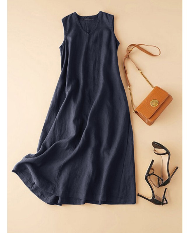 Cotton Solid Sleeveless V Neck Casual Maxi Dress - Navy S