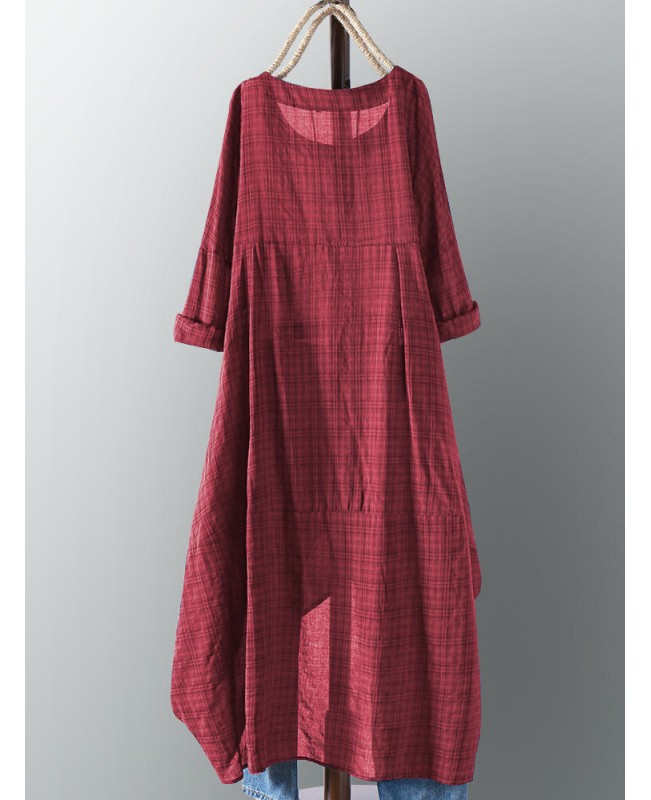 Plus Womens Plaid Casual Asymmetrical Shirt Irregular Hem Midi Dress - Yellow S